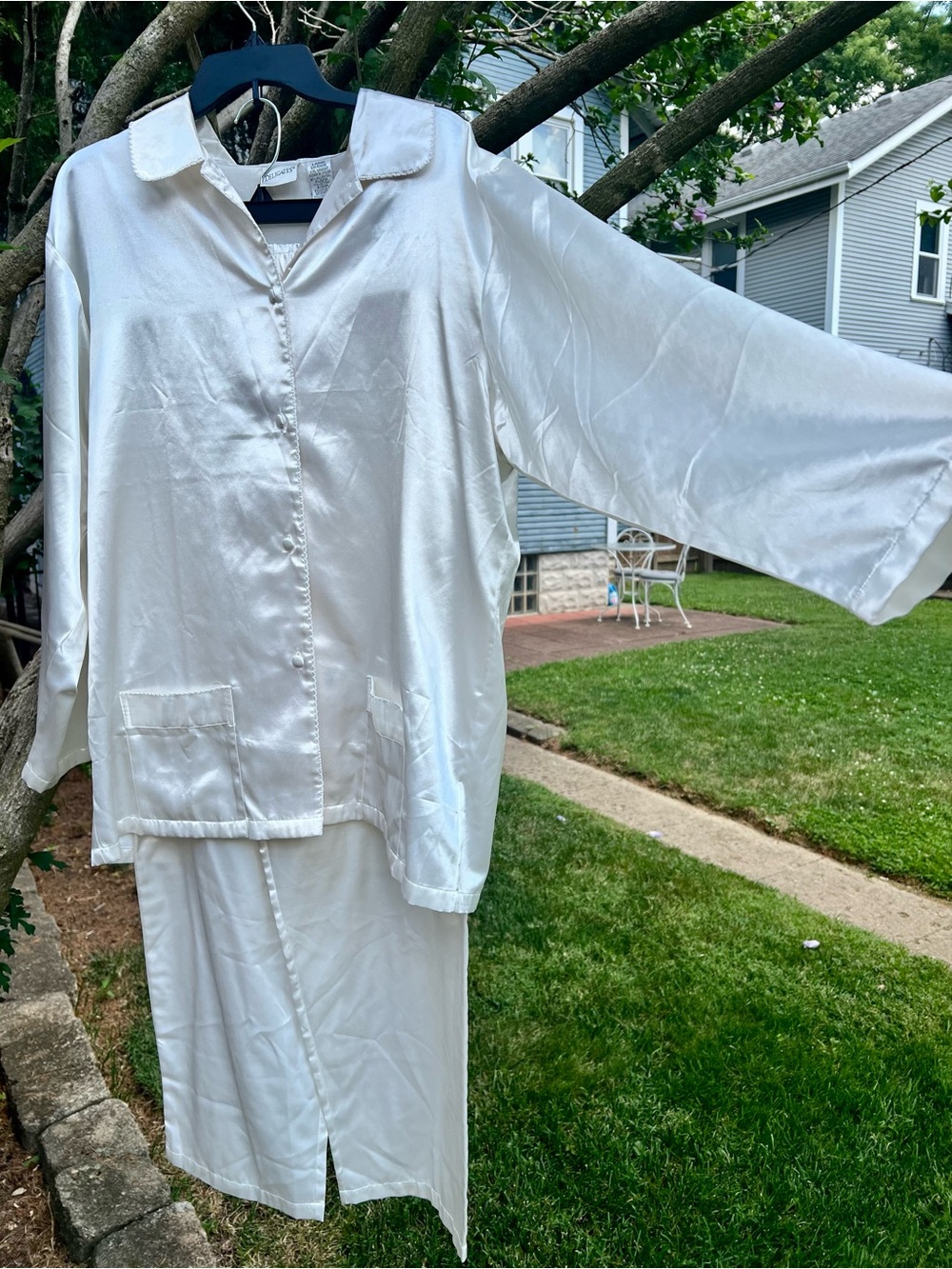 Cotton-Lined Satin Pajama Set Delicates L Ivory Cream Feminine Elastic Waist